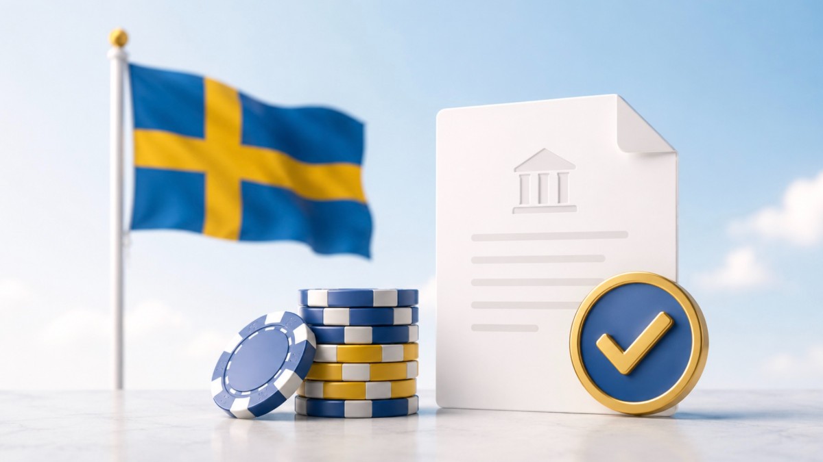 Svensk flagga, casinomarker och ett myndighetsdokument med bock: vinster hos svensklicensierade casinon är skattefria