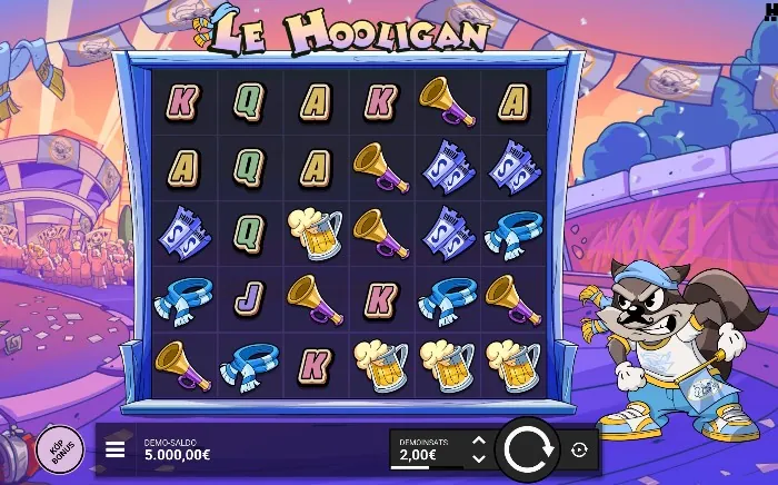 Le Hooligan spelplan på 6x5 med symboler och tvättbjörnen till höger